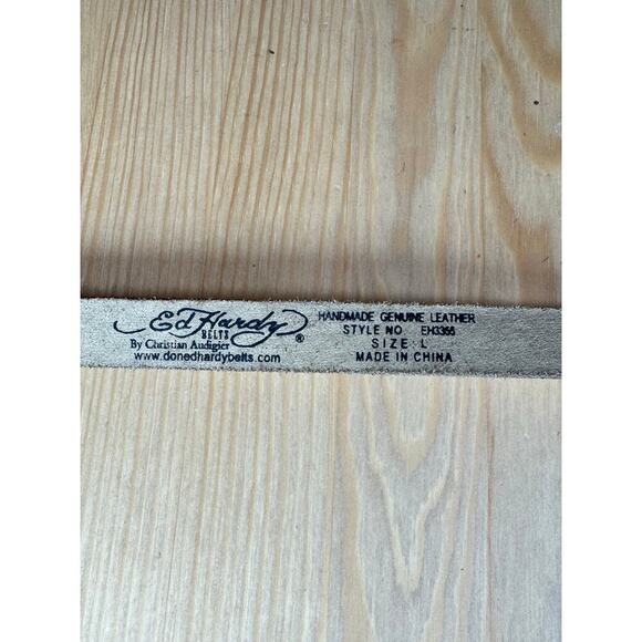 VTG Y2K Ed Hardy Womens Belt White Leather Studded Thin Handmade Grunge Large - Picture 5 of 7